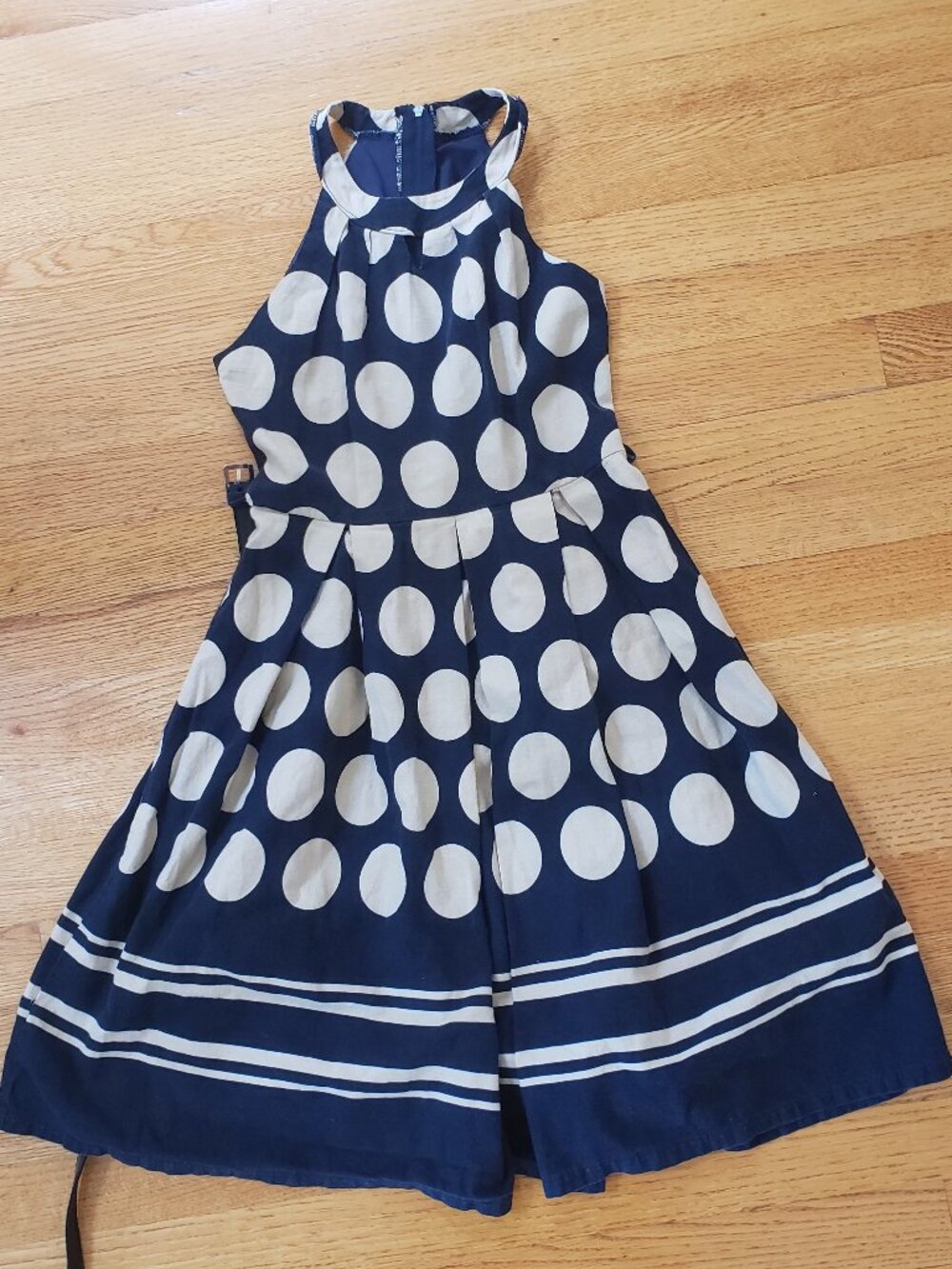 Girl's Dress Navy Dress With Beige Polka Dots Halter Neck Belted